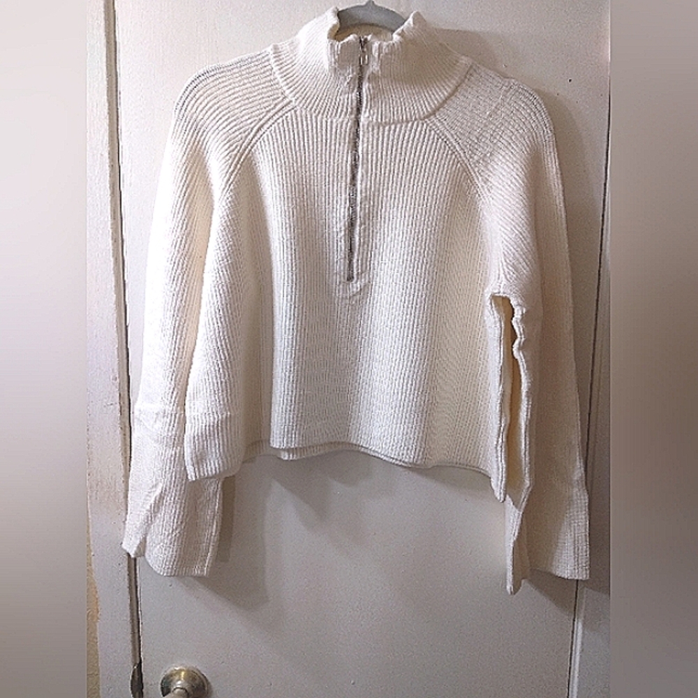 Cherfly Women's Turtleneck Sweater Long Sleeve Half Zipper Pull Over Small Cream